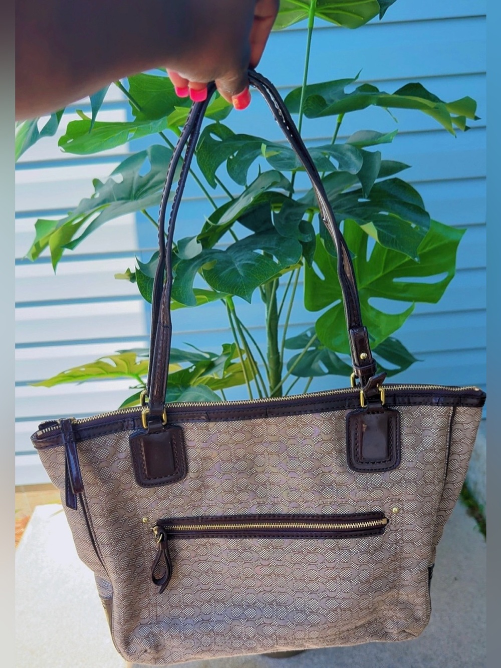Coach Signature Tote Bag Brown Khaki Zip Top Shoulder Bag
